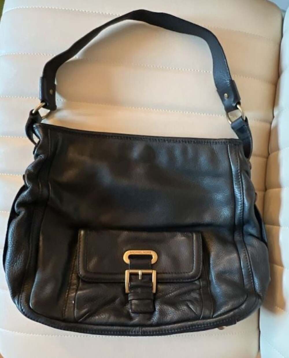 Michael Kors Black Pebbled Leather Shoulder Bag with Front Buckle Detail
